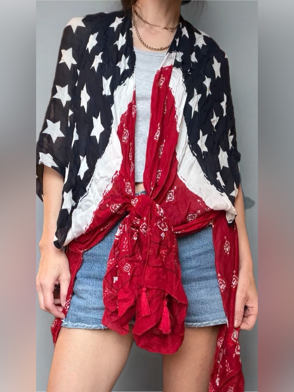 Janice Apparel American Flag Kimono Patriotic Boho Festival OS
